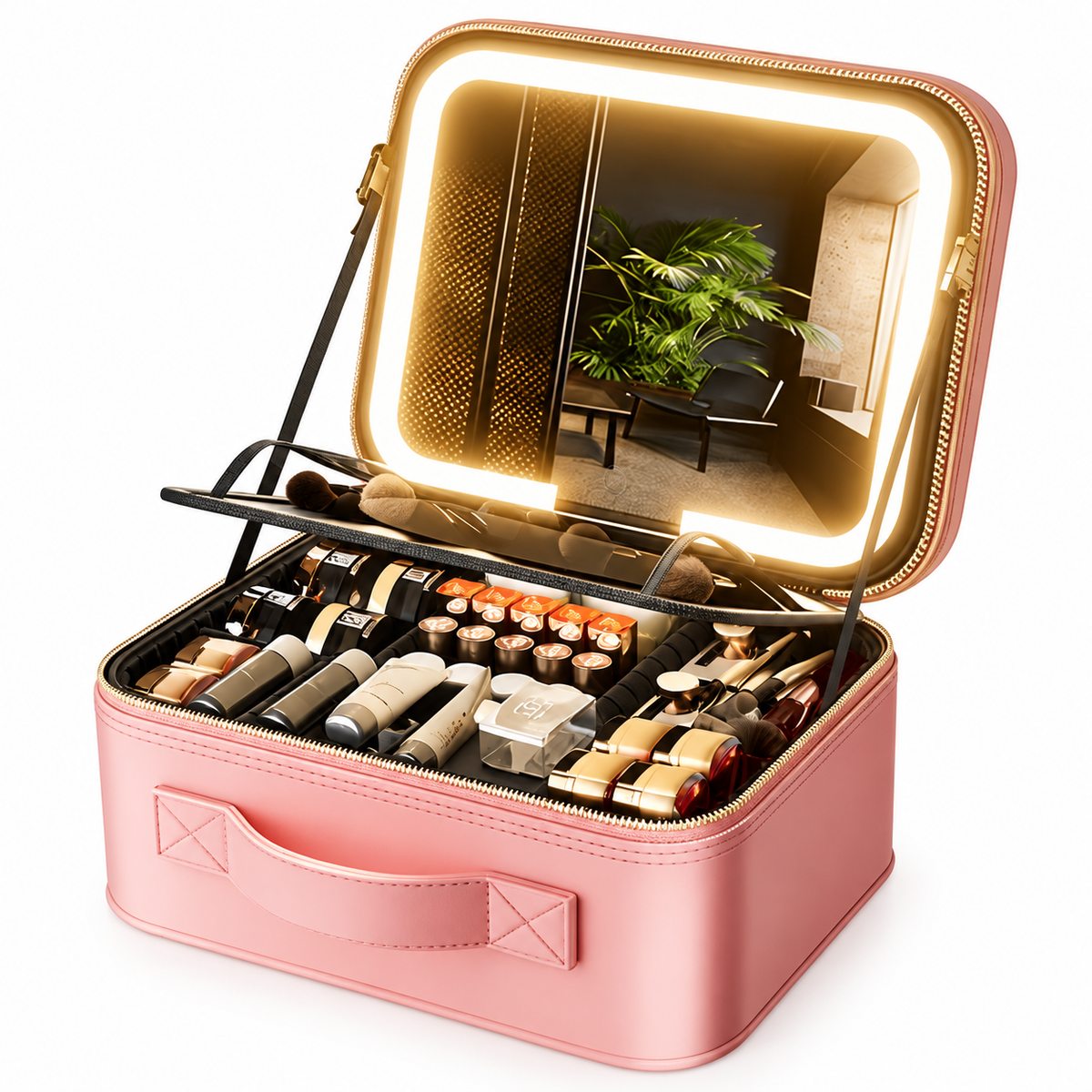 Open pink small makeup case with illuminated mirror
