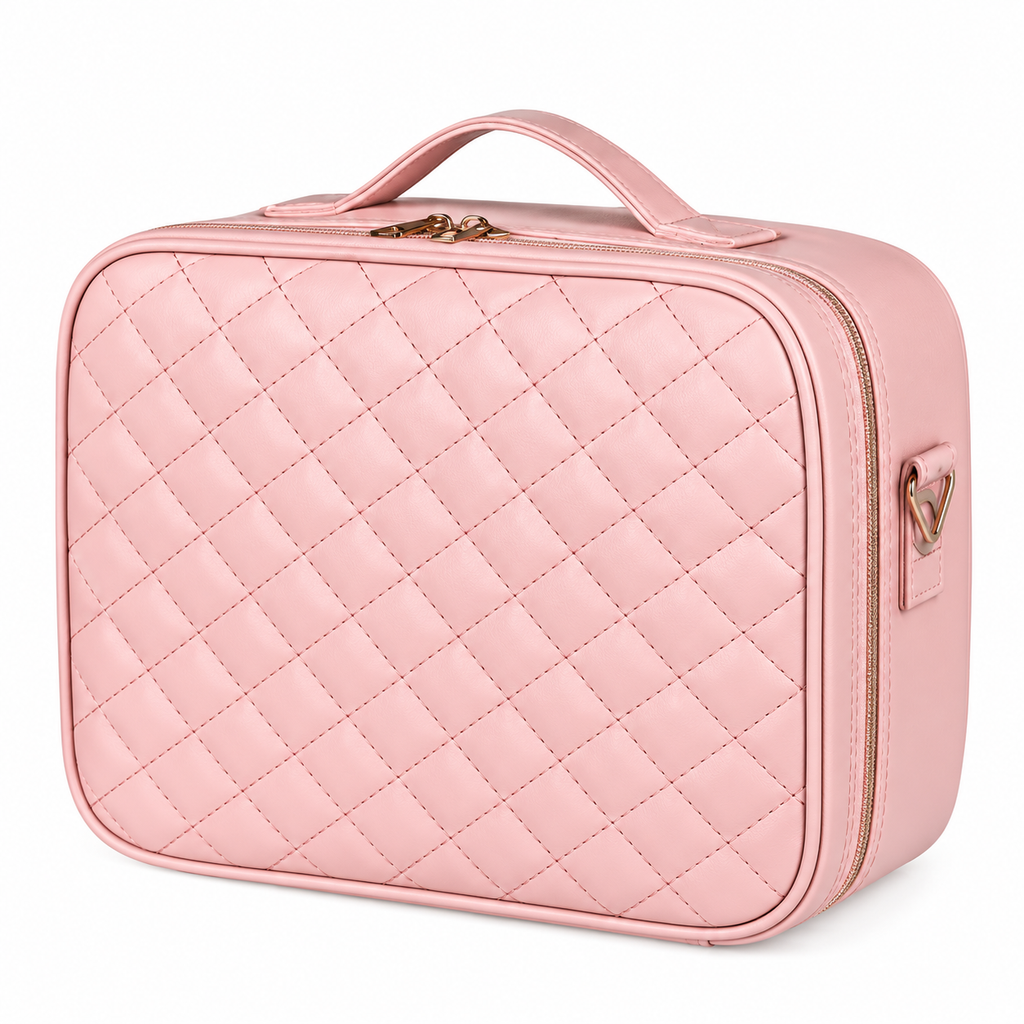 Closed pink large quilted makeup case