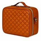 Closed brown makeup case showing quilted finish and zipper