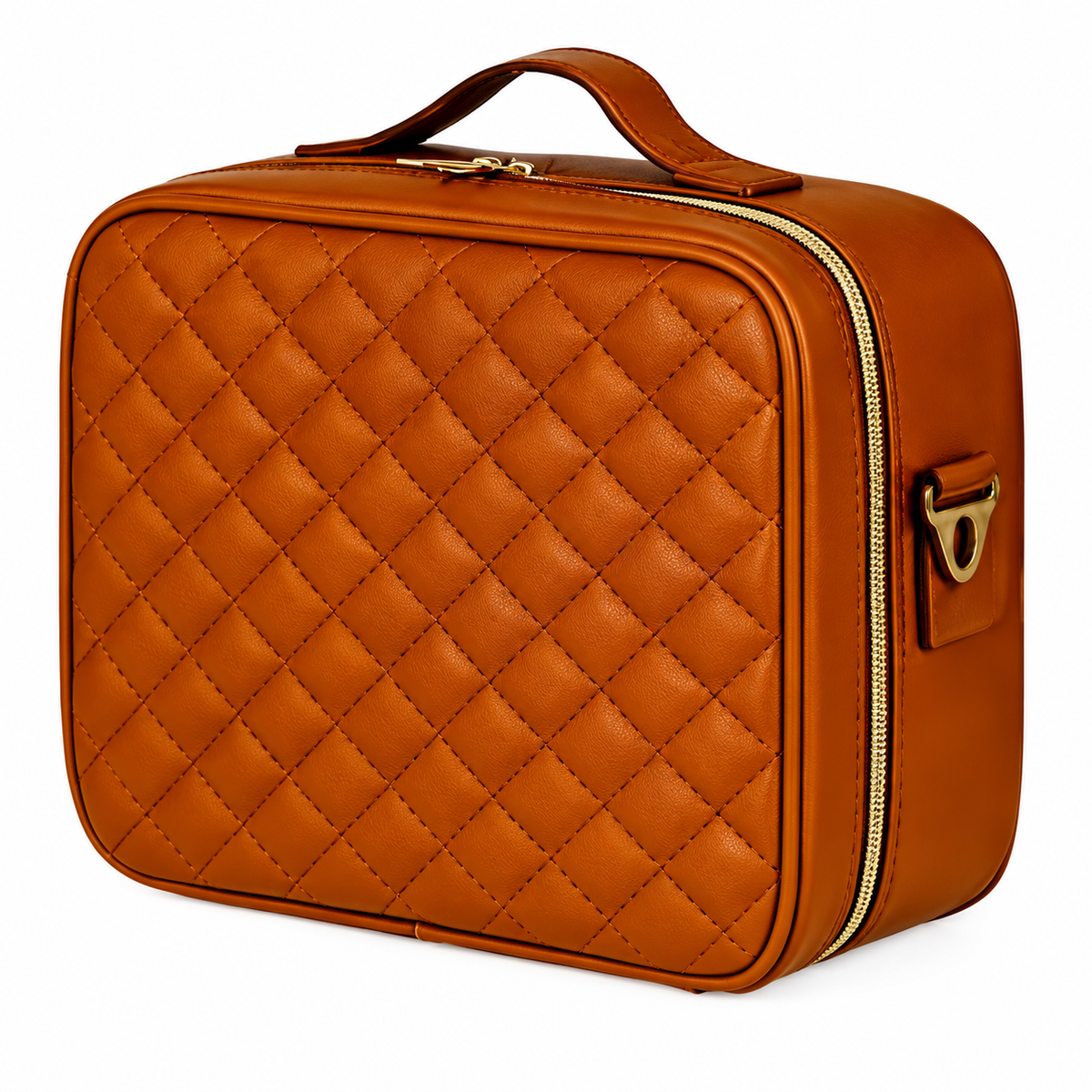 Closed brown makeup case showing quilted finish and zipper