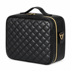 Closed black quilted makeup case with carry handle
