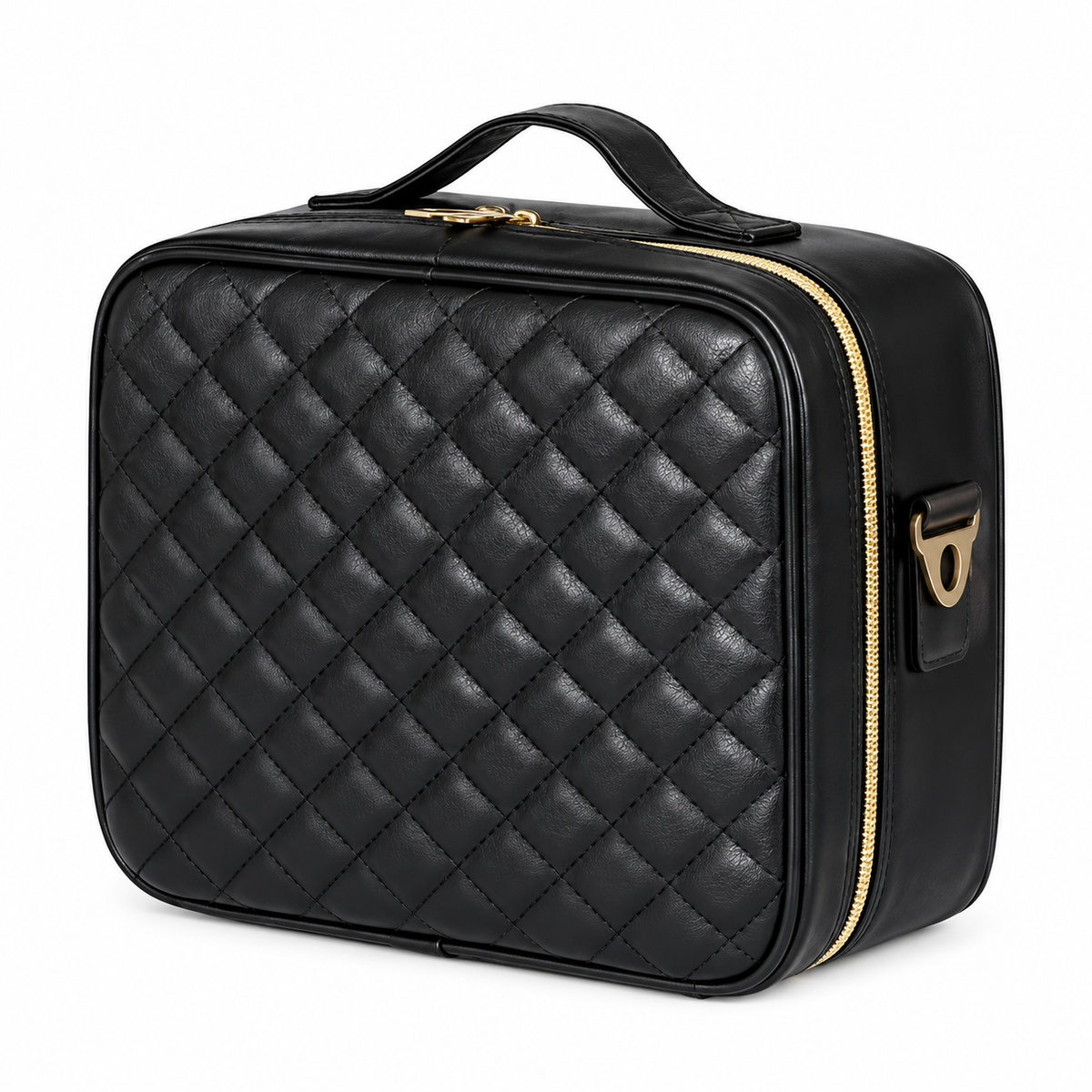 Closed black quilted makeup case with carry handle