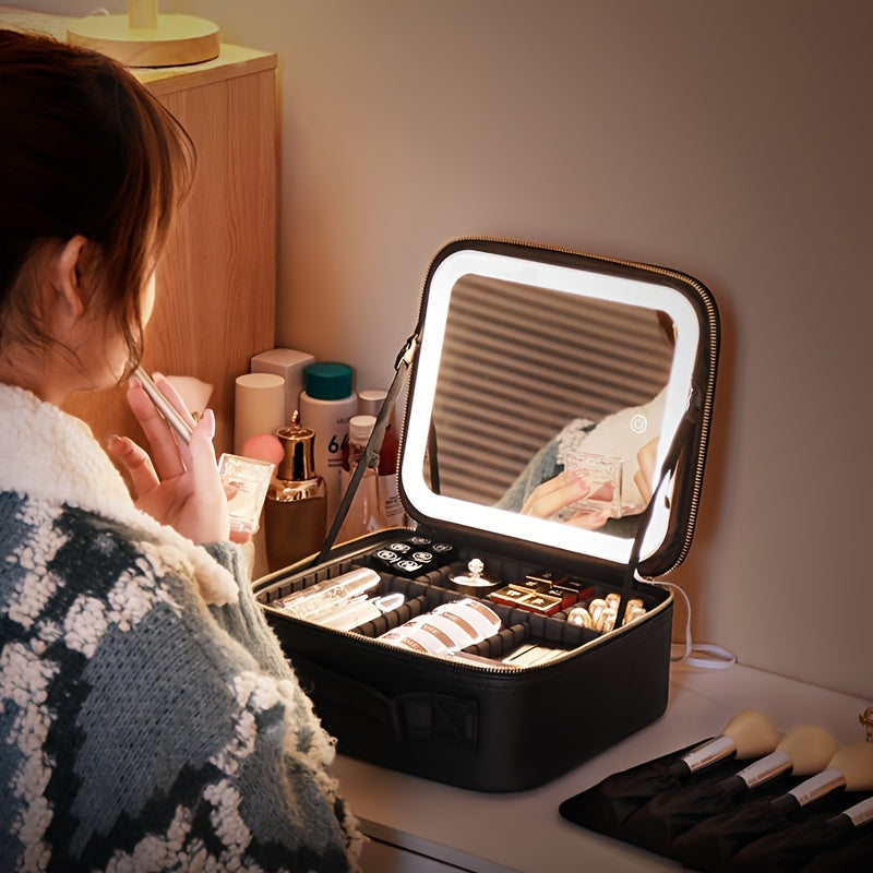 Makeup case in use on a dressing table