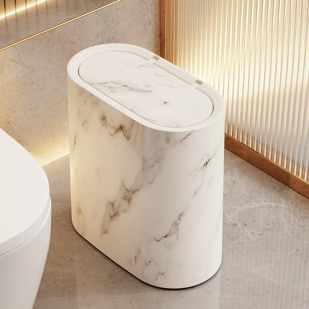 Marble-Look Trash Can | Oval Space-Saving Waste Bin - Trash Can product view 3