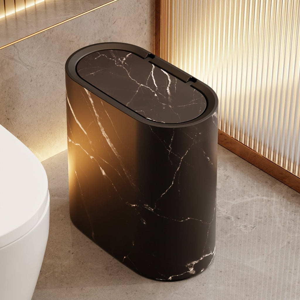 Marble-Look Trash Can | Oval Space-Saving Waste Bin - Trash Can product view 5