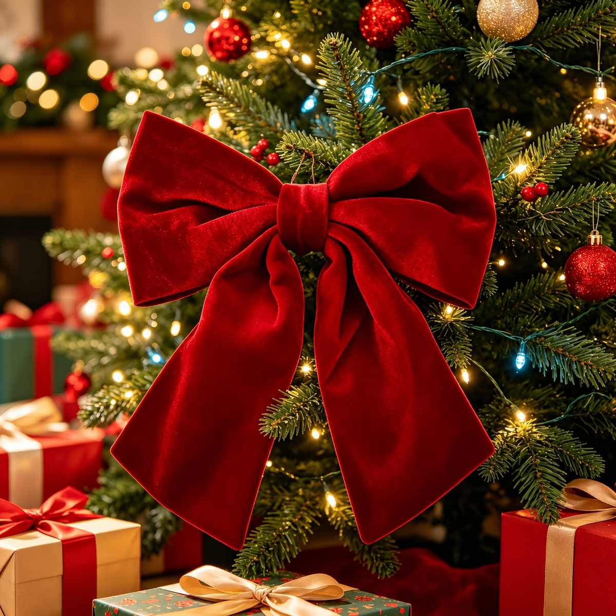 Large Red Velvet Christmas Bow — velvet bow on a decorated Christmas tree