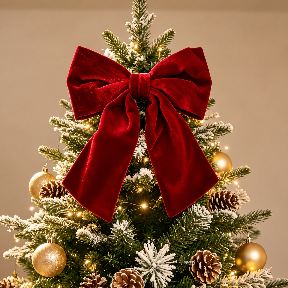 Large Red Velvet Christmas Bow — red bow at the top of a small tree