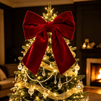 Large Red Velvet Christmas Bow — red bow among warm tree lights