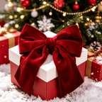 Large Red Velvet Christmas Bow — bow decorating a wrapped gift