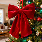 Large Red Velvet Christmas Bow — bow hanging against evergreen branches