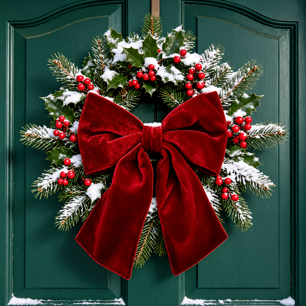 Large Red Velvet Christmas Bow — bow placed on a door wreath