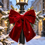 Large Red Velvet Christmas Bow — bow on an outdoor lantern display