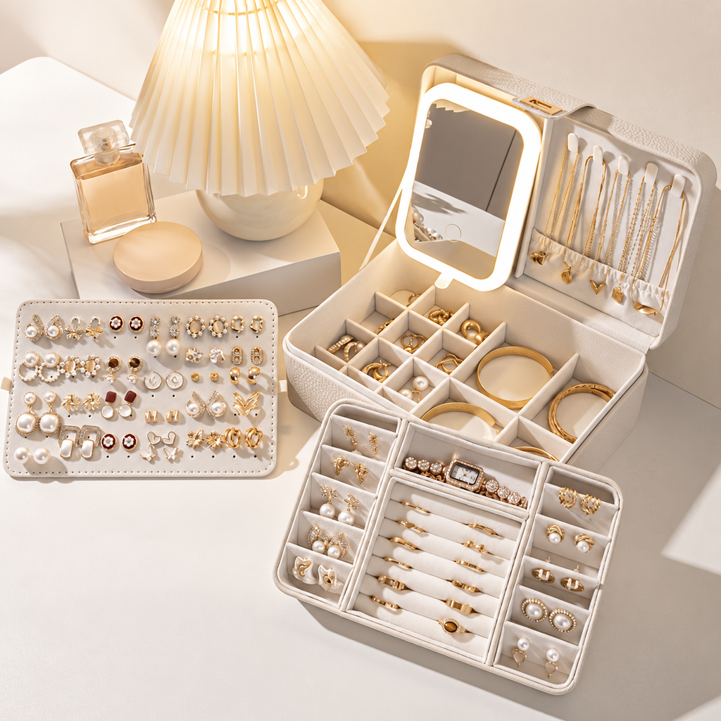 White jewelry box with illuminated mirror and its removable trays on a vanity