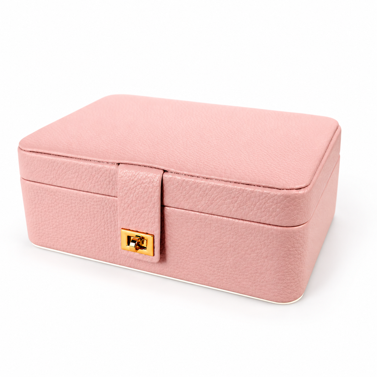 Closed pink jewelry box with gold colored clasp