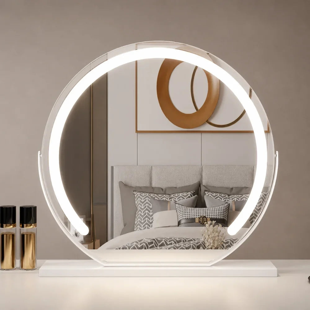 White lighted makeup mirror with LED border and tabletop stand.