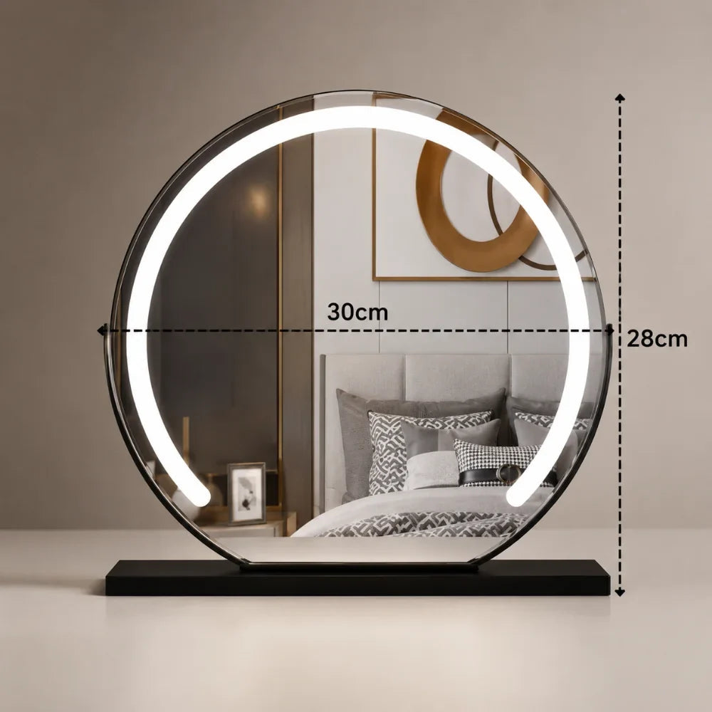 Black lighted makeup mirror with LED border and tabletop stand.