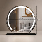 Black lighted makeup mirror with LED border and tabletop stand.
