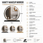 Lighted makeup mirror with detachable 15x mirror and included accessories.