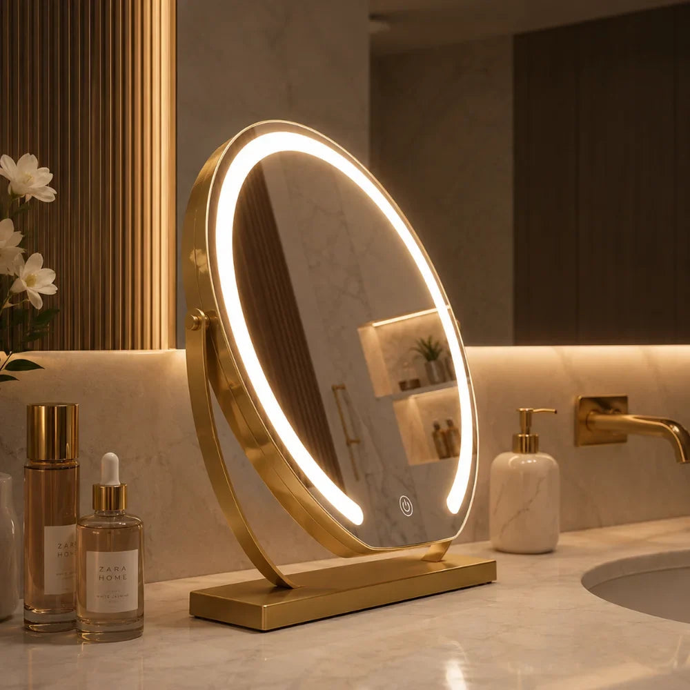 Gold lighted makeup mirror with LED border and tabletop stand.