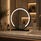 Lighted makeup mirror shown from the front with touch controls.