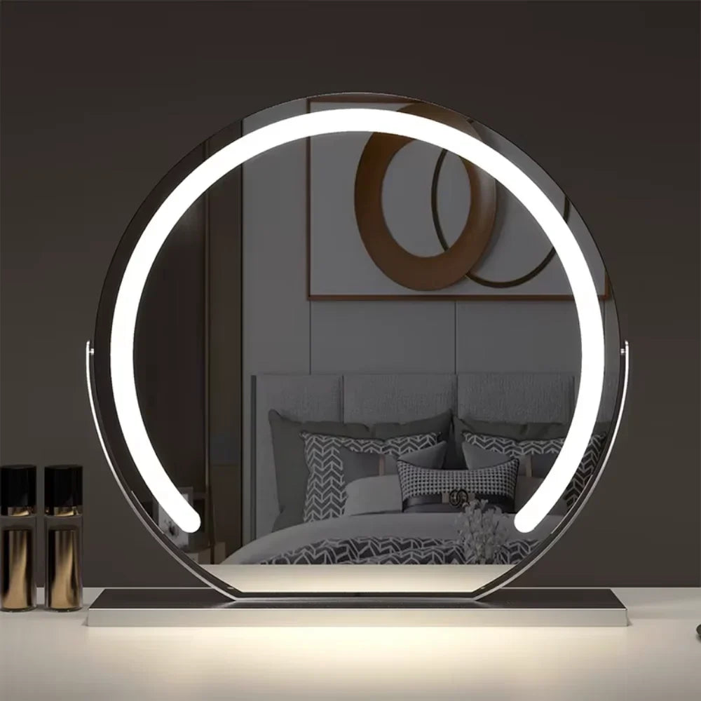 Lighted makeup mirror with its rectangular frame and stable tabletop base.
