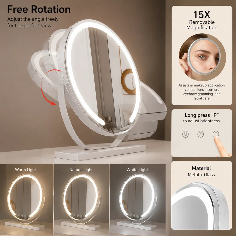 Lighted makeup mirror shown with the detachable 15x magnifying mirror.