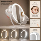 Lighted makeup mirror shown with the detachable 15x magnifying mirror.
