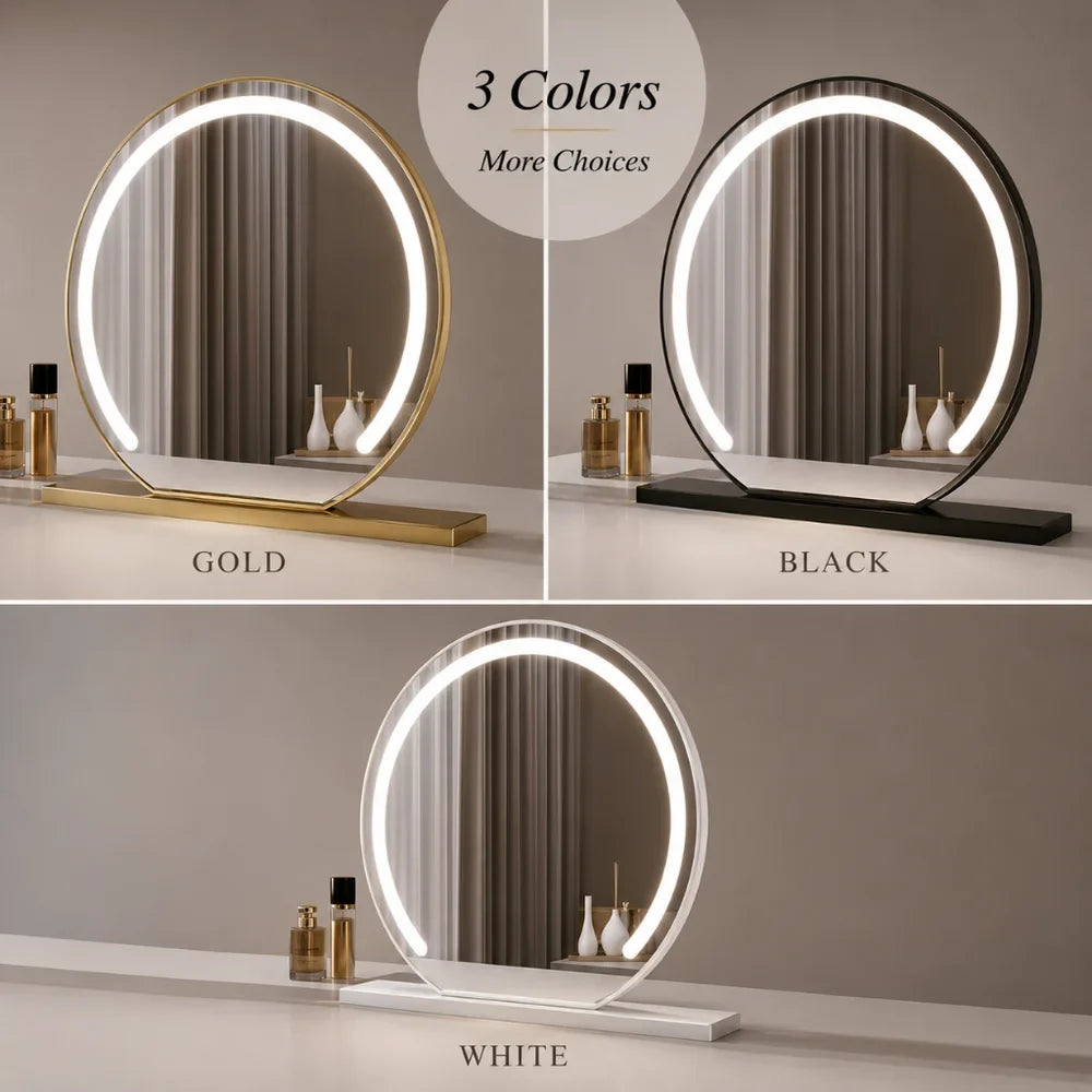 Lighted makeup mirror with adjustable brightness and three light modes.