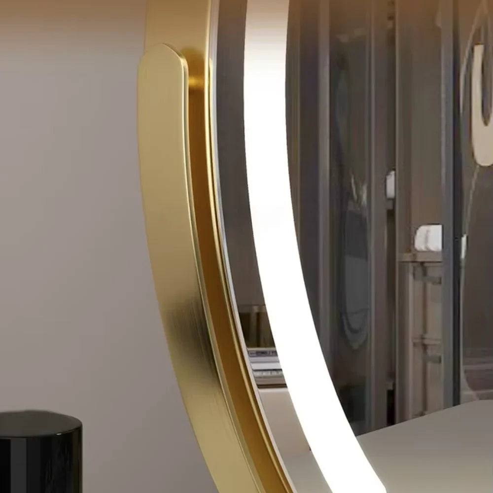 Lighted makeup mirror positioned on a vanity surface for daily use.