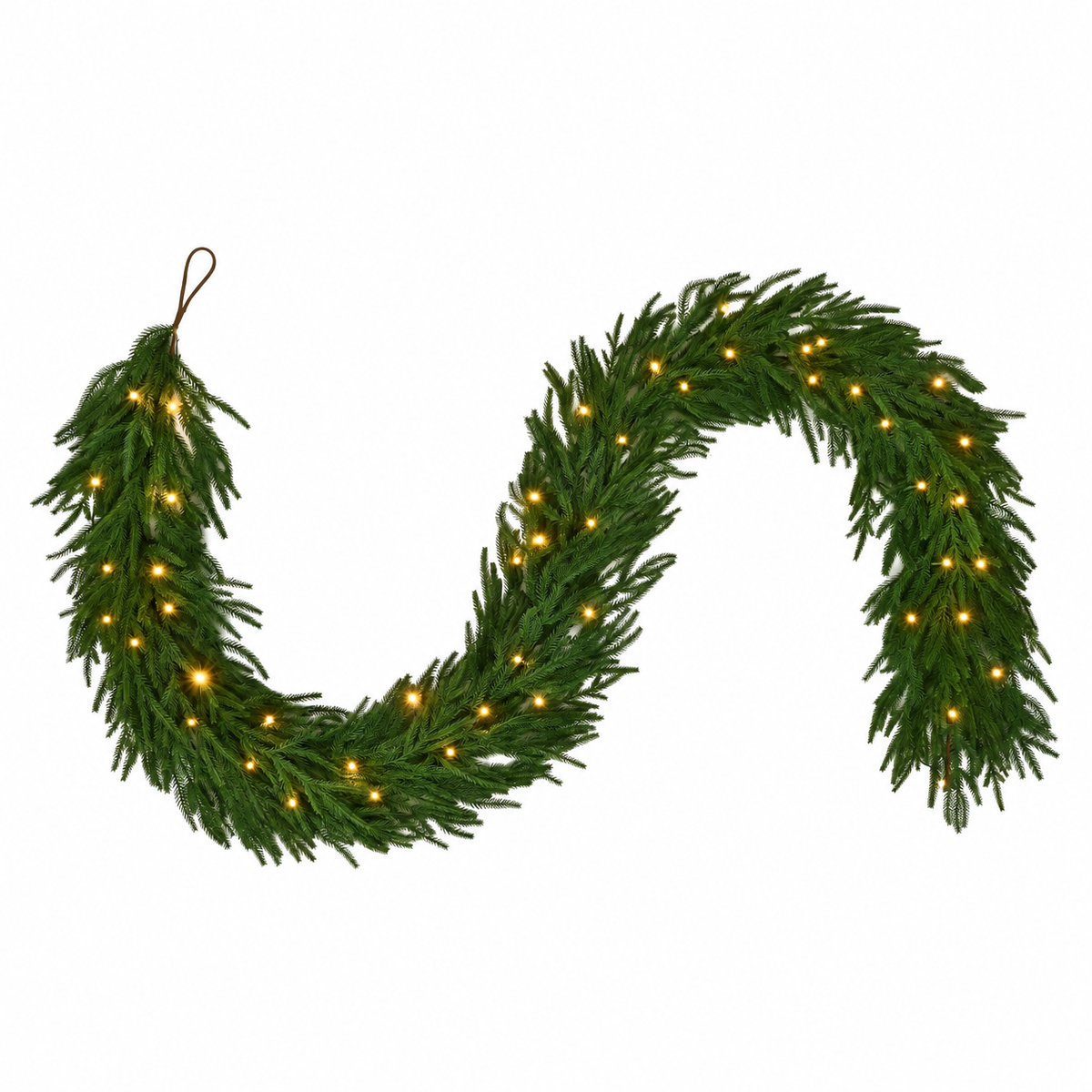Lighted Norfolk pine garland with drooping green foliage on a plain white background.