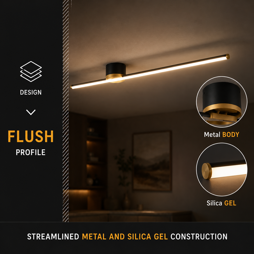 Dark feature graphic showing the linear flush mount ceiling light, its profile, and two close-up details.