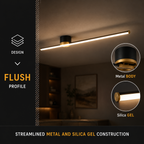 Dark feature graphic showing the linear flush mount ceiling light, its profile, and two close-up details.