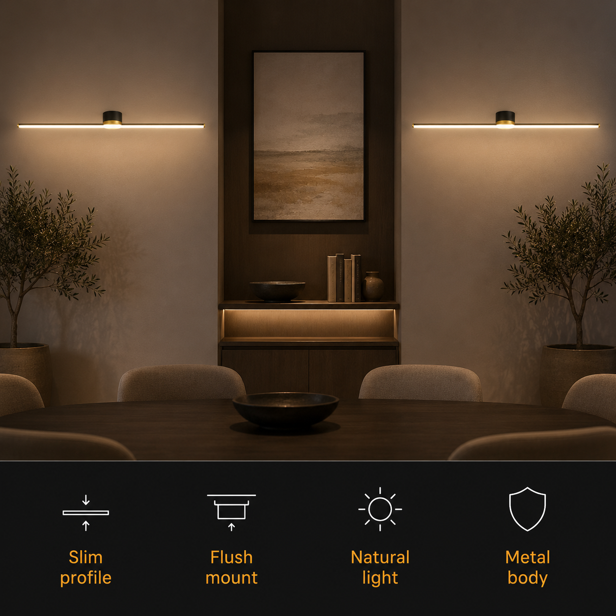Linear flush mount ceiling light above a lounge with four small feature icons below.