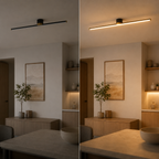 Split room view showing the linear flush mount ceiling light switched off and on.