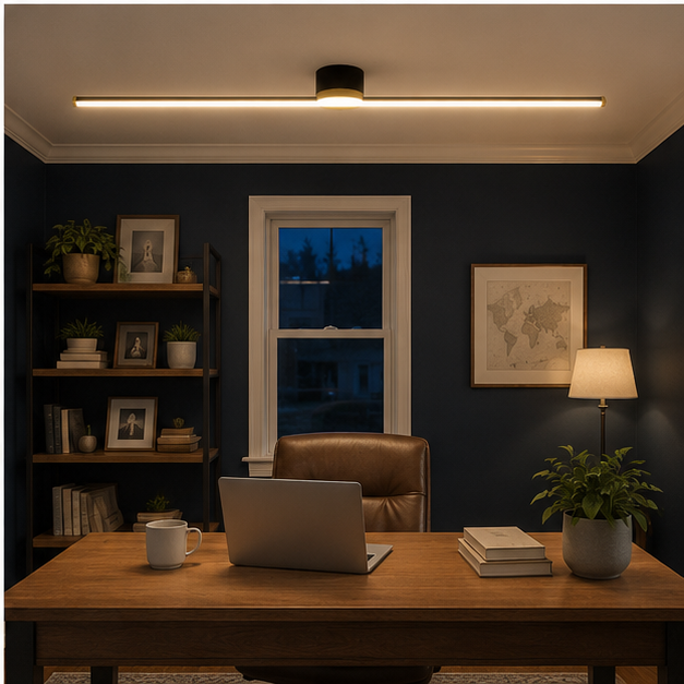 Linear flush mount ceiling light installed above a desk in a dark home office.