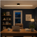 Linear flush mount ceiling light installed above a desk in a dark home office.