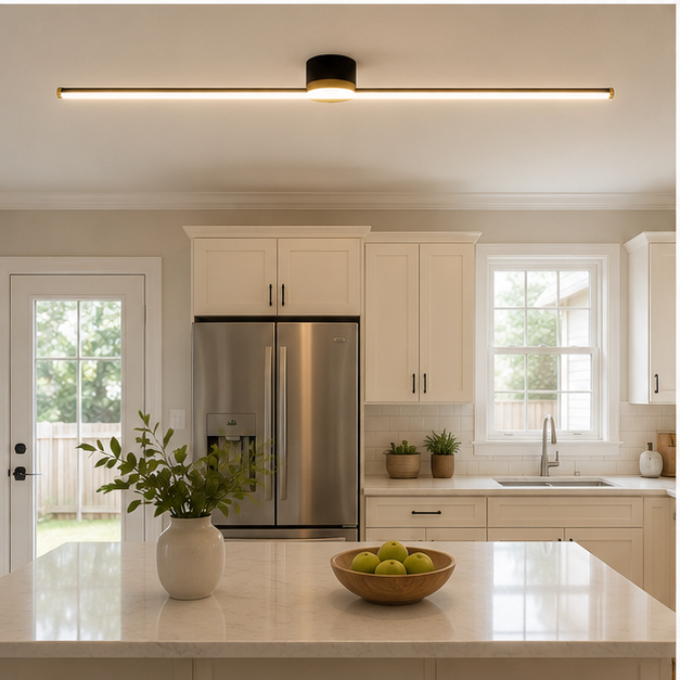 Linear flush mount ceiling light mounted in a bright white kitchen.