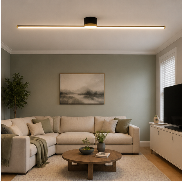 Linear flush mount ceiling light illuminating a neutral living room.
