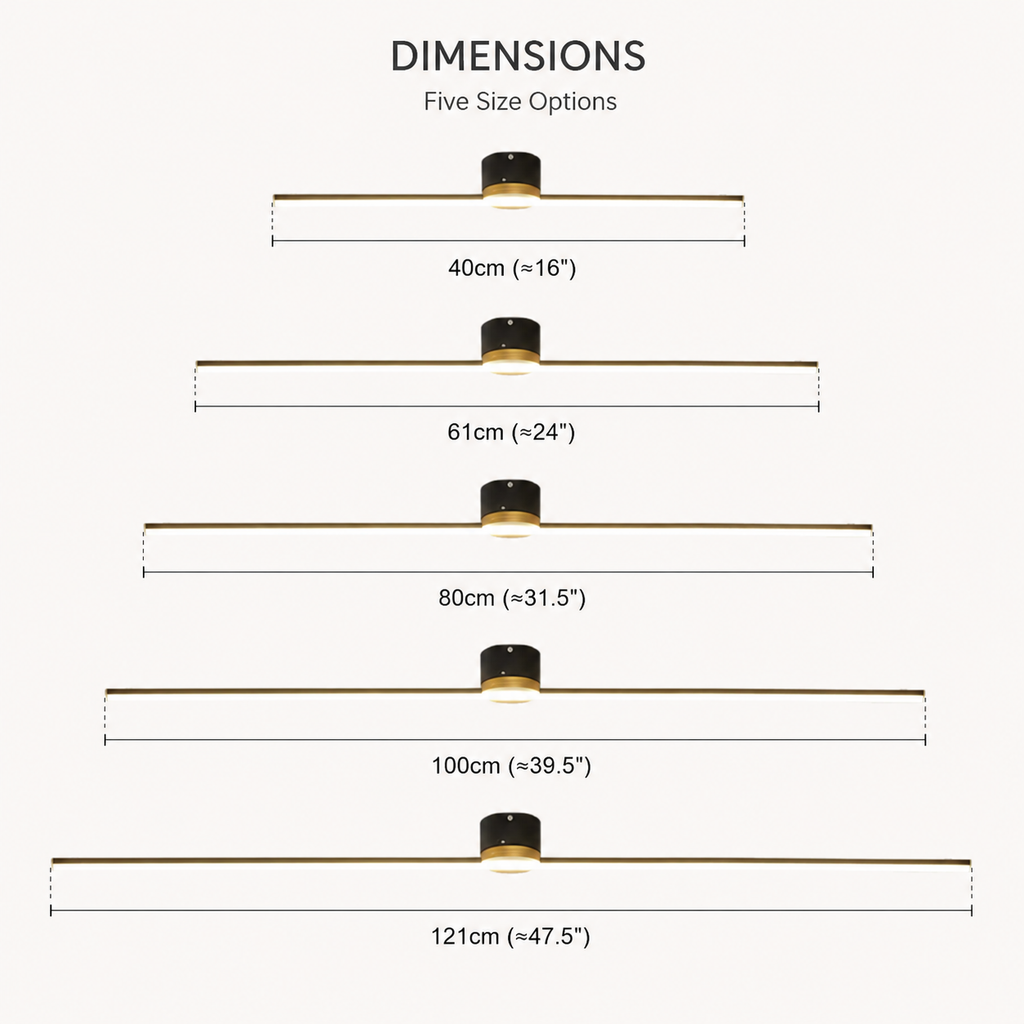 Dimension chart showing five size options for the linear flush mount ceiling light.