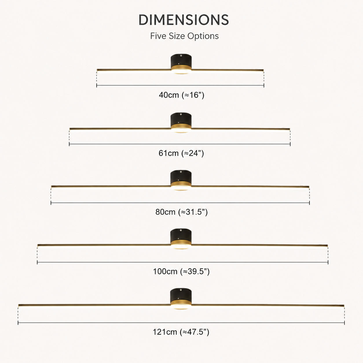 Dimension chart showing five size options for the linear flush mount ceiling light.