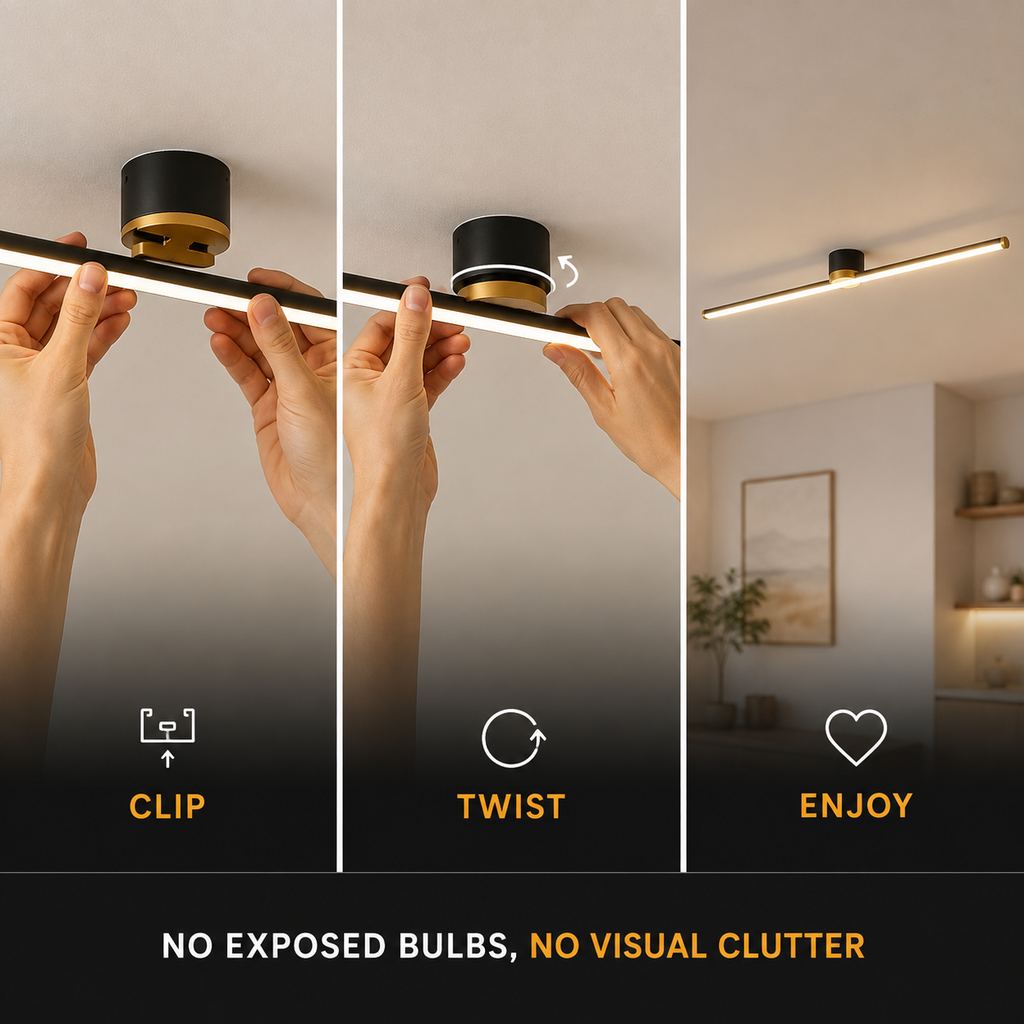 Three-panel guide showing the linear flush mount ceiling light being clipped, twisted, and switched on.