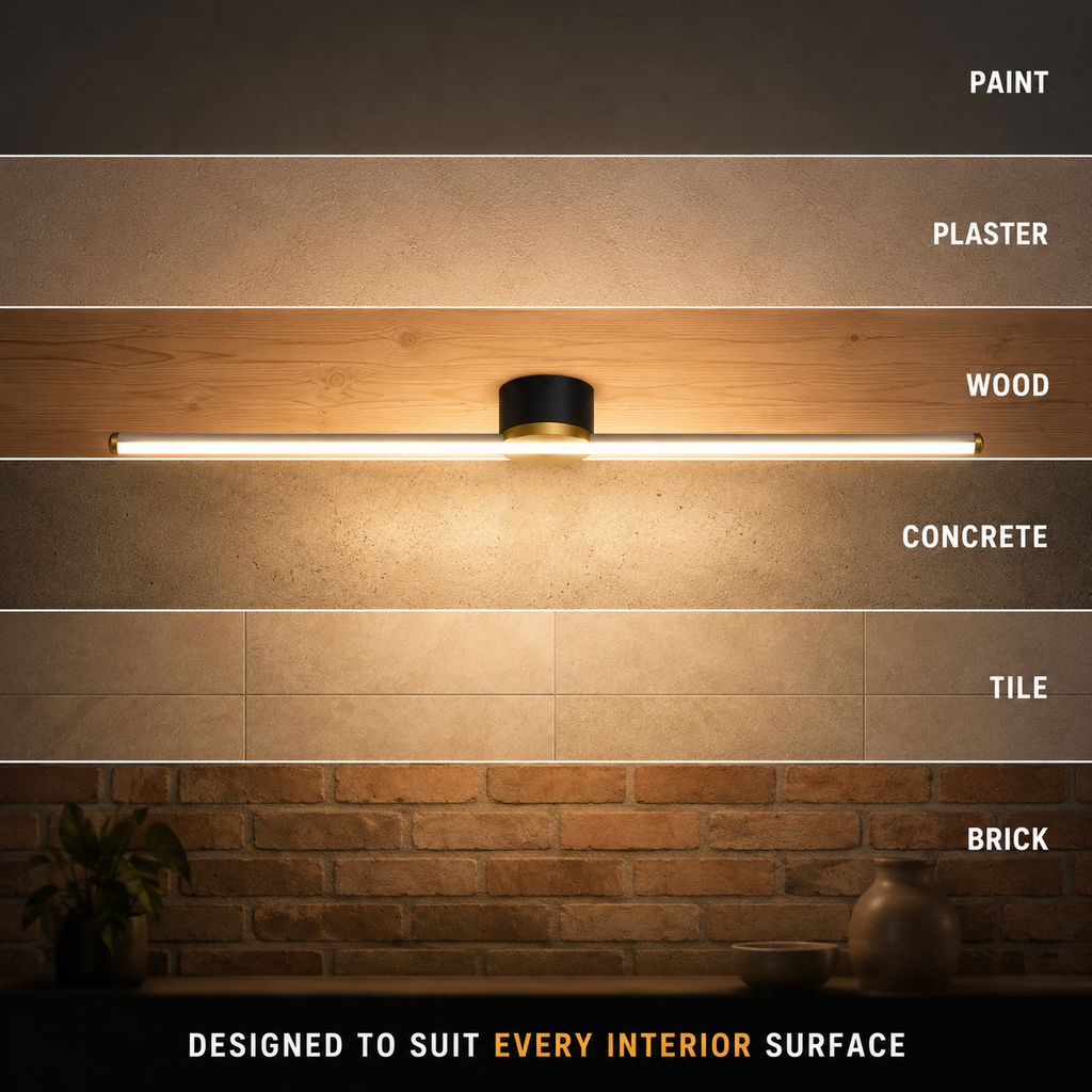 Linear flush mount ceiling light shown against paint, plaster, wood, concrete, tile, and brick backgrounds.