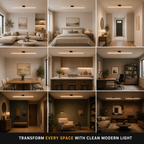 Nine-room grid showing the linear flush mount ceiling light in different interiors.