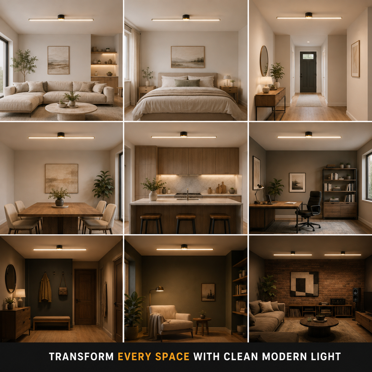 Nine-room grid showing the linear flush mount ceiling light in different interiors.
