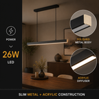 Black linear pendant light feature graphic with close-ups of the metal body, acrylic diffuser, and lit fixture.