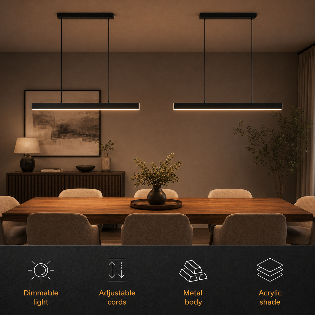 Black linear pendant light shown above a dining table with four labeled icon.