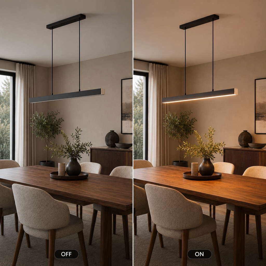 Black linear pendant light shown switched off and on above the same wood dining table.