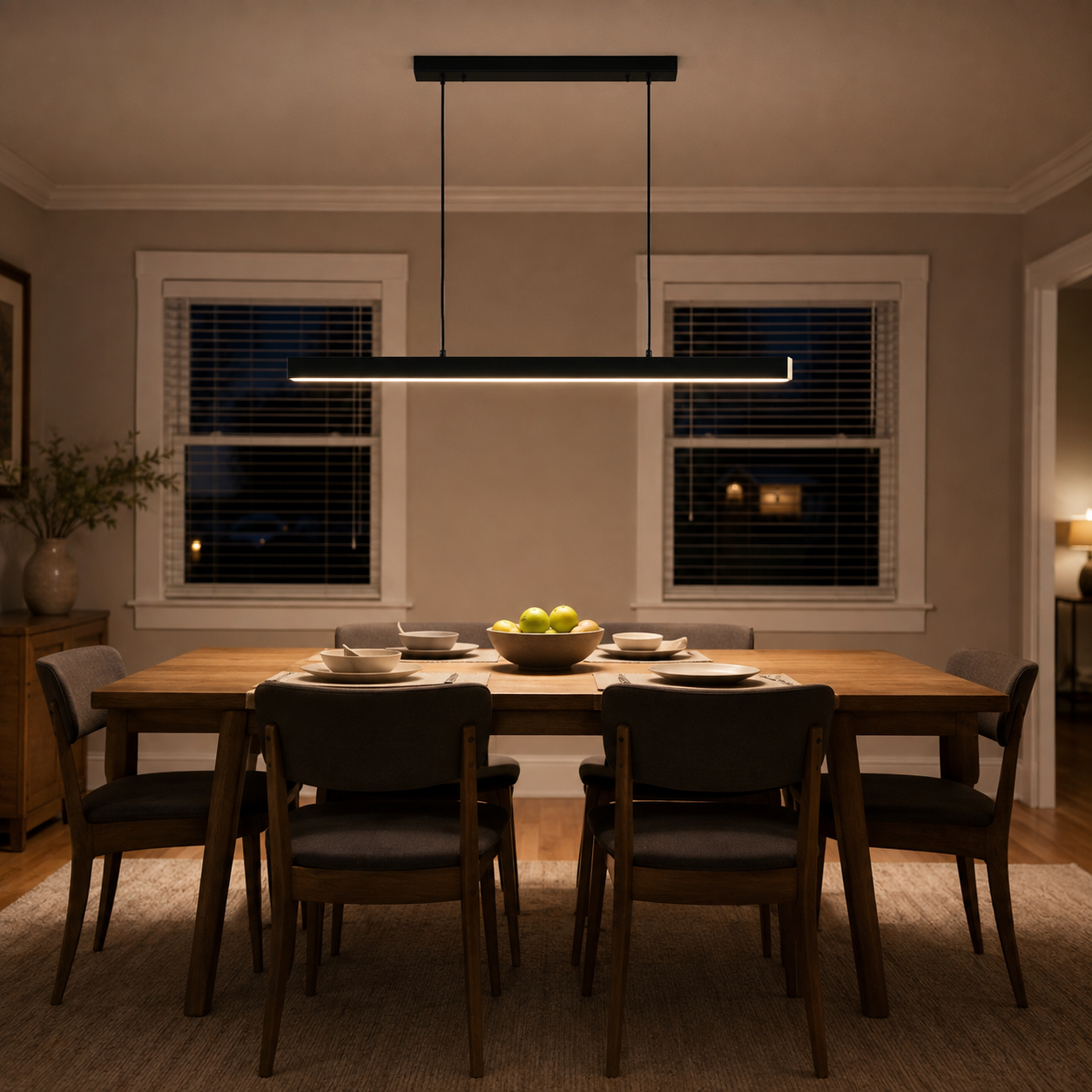 Black linear pendant light hanging above a rectangular dining table in a warmly lit room at night.