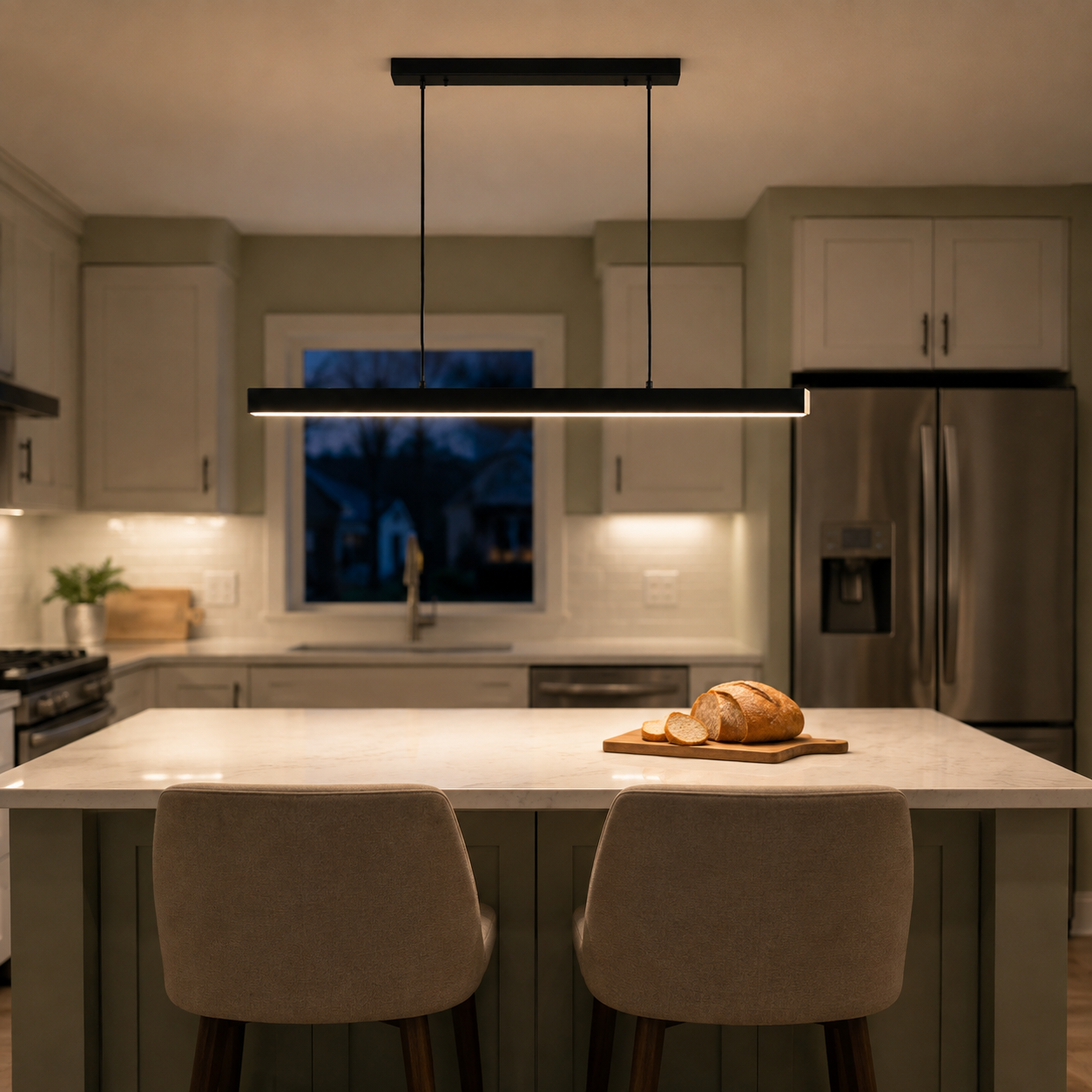 Black linear pendant light centered above a kitchen island with two upholstered counter stools.