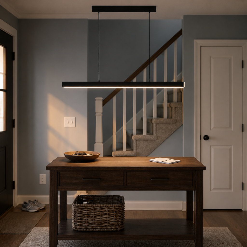 Black linear pendant light illuminating a wood console table beside a staircase and entry door.
